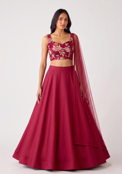 Deep Maroon Embroidered Organza Lehenga Set