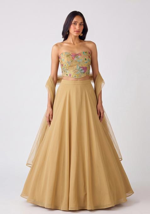 Beige Embroidered Organza Lehenga Set