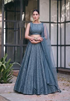 Steel Grey Embroidered Silk Blend Lehenga Set