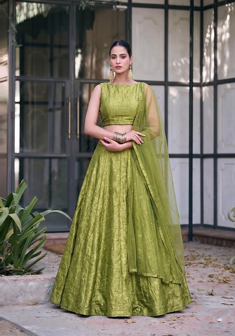 Olive Green Embroidered Silk Lehenga Set