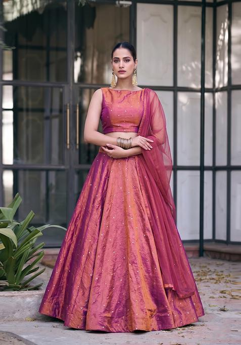 Magenta Embroidered Silk Lehenga Set
