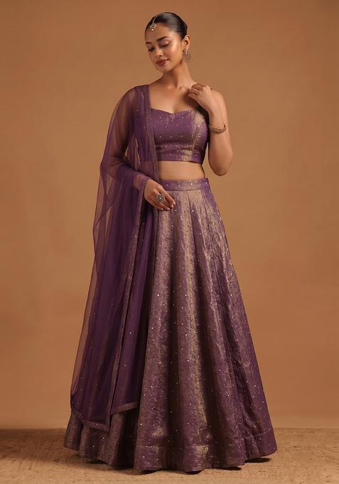Deep Purple Embroidered Silk Lehenga Set