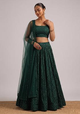 Bottle Green Embroidered Silk Blend Lehenga Set