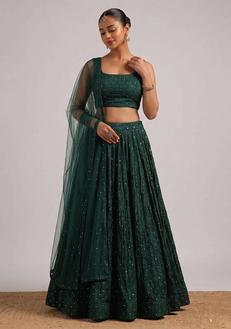 Bottle Green Embroidered Silk Blend Lehenga Set - Indya