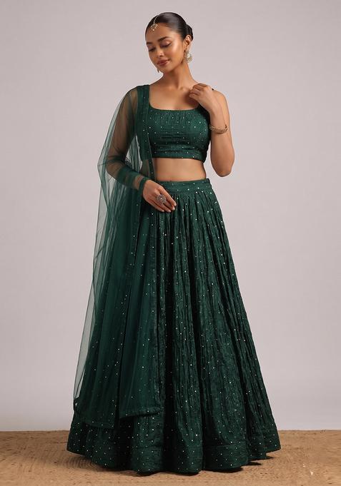 Bottle Green Embroidered Silk Lehenga Set