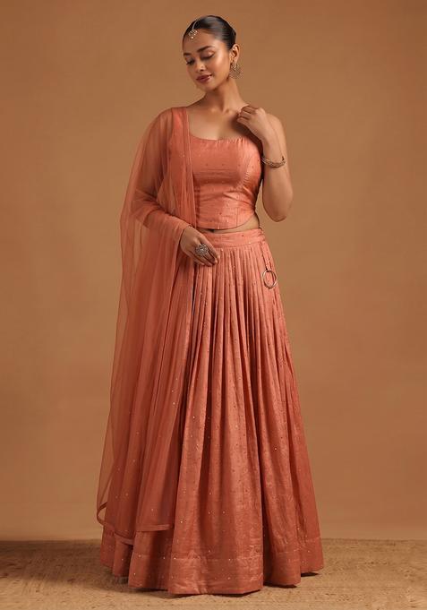 Peach Embroidered Silk Blend Lehenga Set