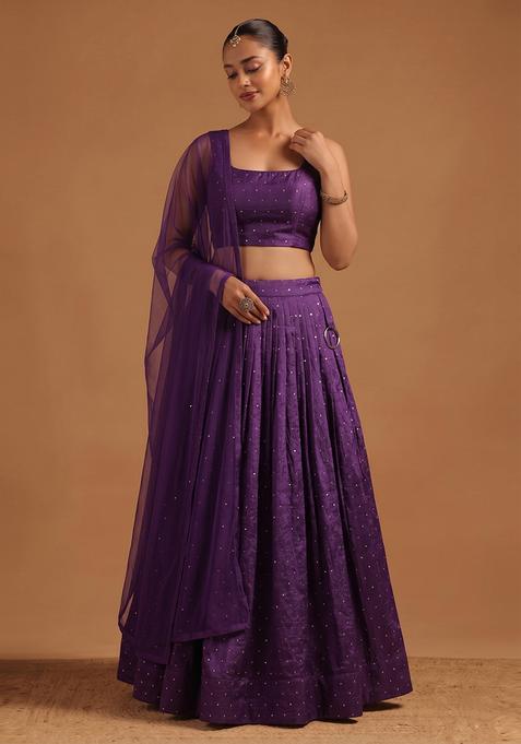 Deep Purple Embroidered Silk Lehenga Set