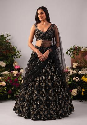 Black Embroidered Georgette Lehenga Set