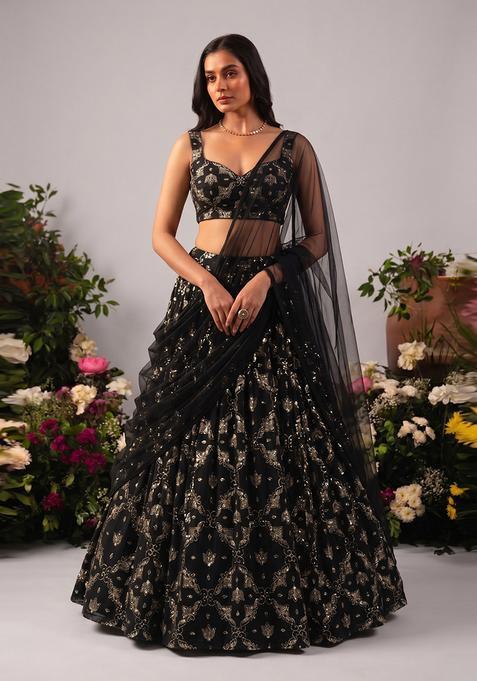Black Embroidered Georgette Lehenga Set