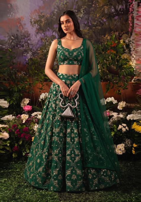 Emerald Green Embroidered Georgette Lehenga Set