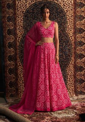 Pink Printed Chanderi Lehenga Set
