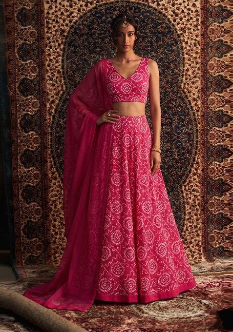 Pink Printed Chanderi Lehenga Set