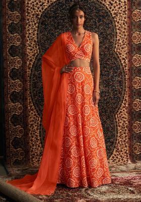 Bright Orange Printed Chanderi Lehenga Set