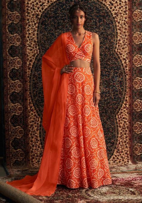 Bright Orange Printed Chanderi Lehenga Set