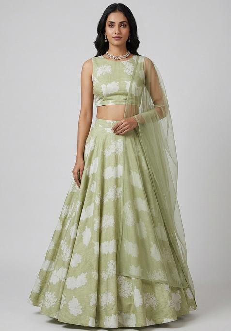 Sage Green Printed Silk Lehenga Set