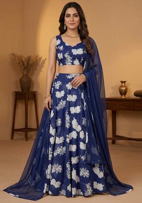 Navy Blue Printed Silk Blend Lehenga Set