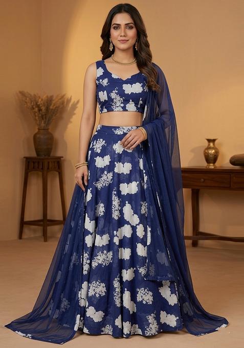 Navy Blue Printed Silk Lehenga Set
