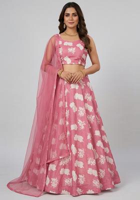 Dusty Pink Printed Silk Blend Lehenga Set