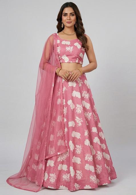 Dusty Pink Printed Silk Lehenga Set