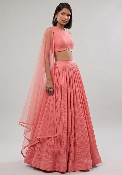 Pink Pleated Crepe Lehenga Set