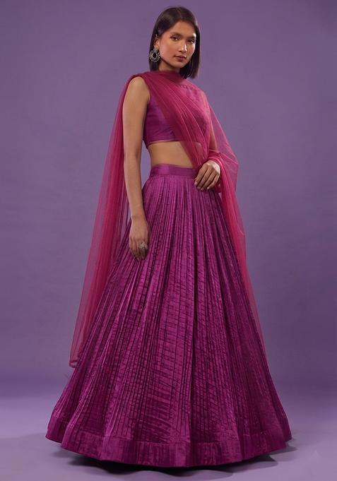 Magenta Pleated Crepe Lehenga Set