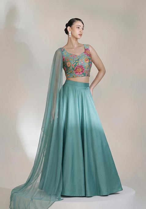 Sea Green Printed Crepe Lehenga Set
