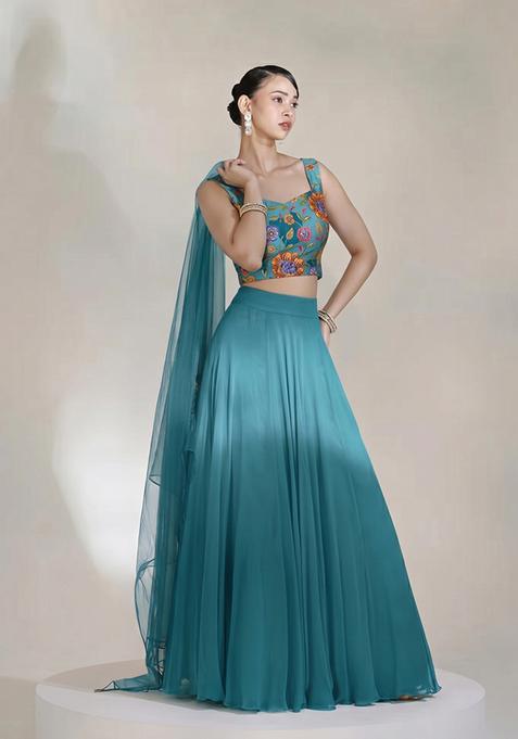 Teal Blue Printed Crepe Lehenga Set