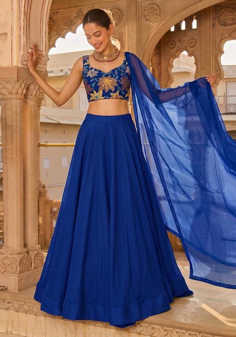Royal Blue Printed Crepe Lehenga Set