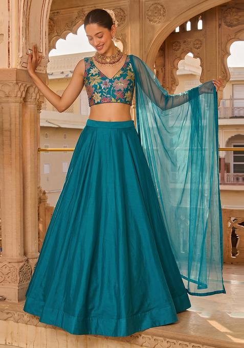 Teal Blue Printed Crepe Lehenga Set