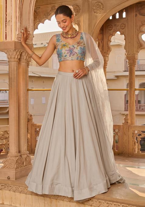 Light Grey Printed Crepe Lehenga Set