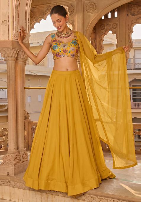 Mustard Printed Crepe Lehenga Set