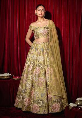 Olive Green Printed Chinon Lehenga Set