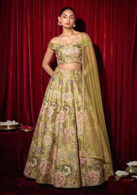 Olive Green Printed Chinon Lehenga Set