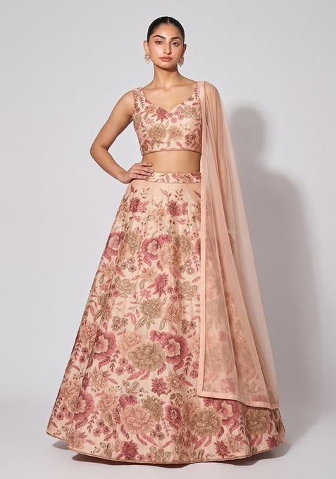 Pastel Pink Printed Chinon Lehenga Set