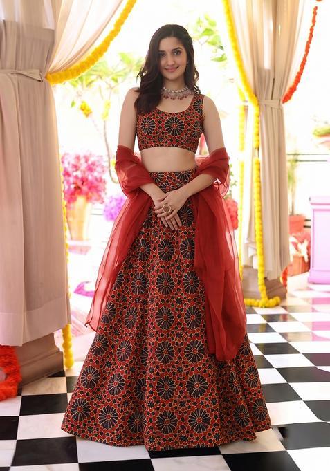 Red Printed Satin Lehenga Set