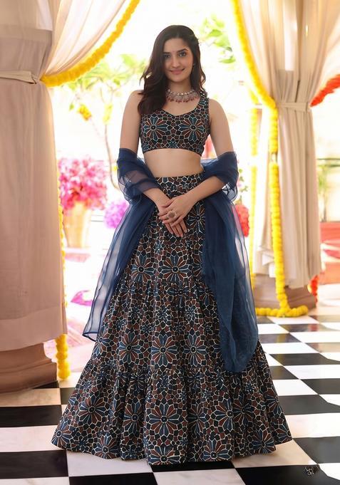 Navy Blue Printed Satin Lehenga Set
