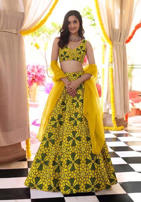 Yellow Printed Satin Lehenga Set