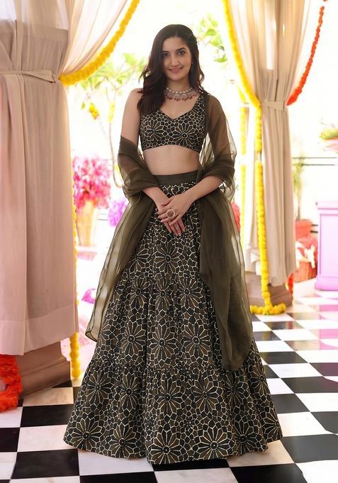 Forest Green Printed Satin Lehenga Set