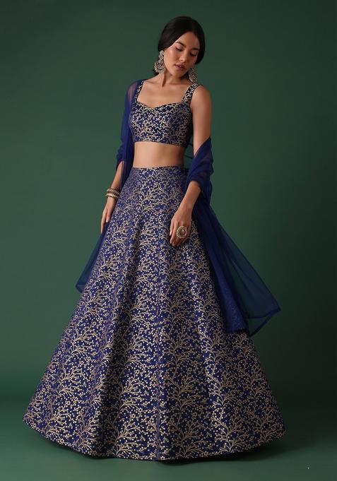 Navy Blue Brocade Lehenga Set