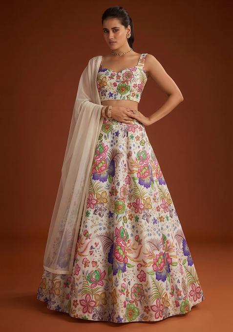 Off White Printed Chinon Lehenga Set