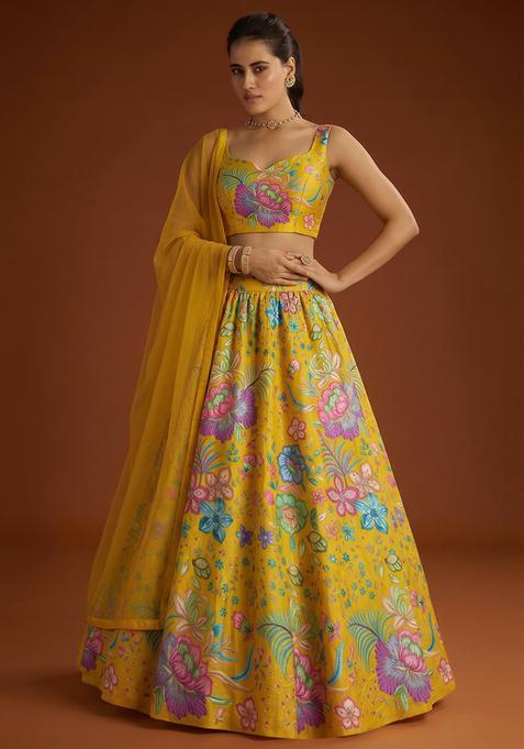 Mustard Printed Chinon Lehenga Set