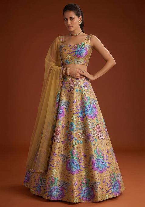 Beige Printed Chinon Lehenga Set