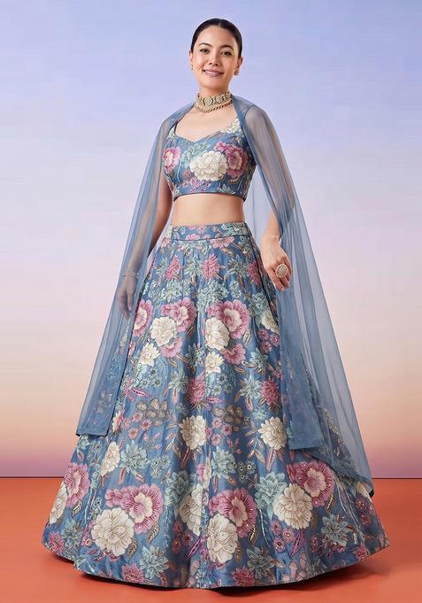Powder Blue Printed Chinon Lehenga Set