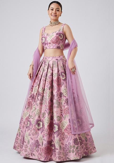 Pastel Pink Printed Chinon Lehenga Set