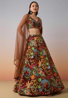 Brown Printed Crepe Lehenga Set