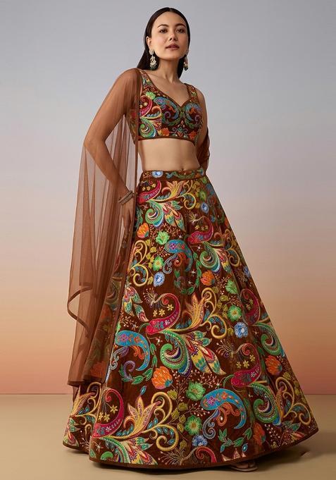 Brown Printed Crepe Lehenga Set