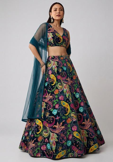 Teal Blue Printed Crepe Lehenga Set