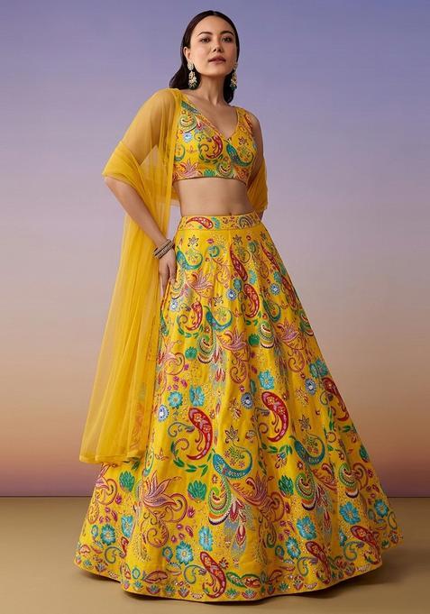 Mustard Printed Crepe Lehenga Set