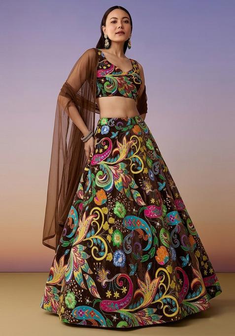 Dark Brown Printed Crepe Lehenga Set