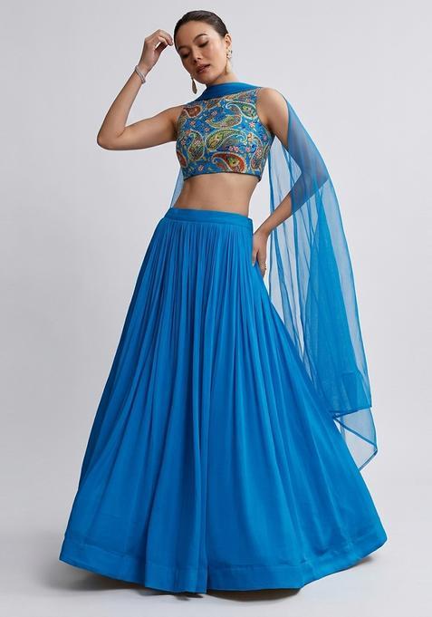 Sky Blue Printed Crepe Lehenga Set